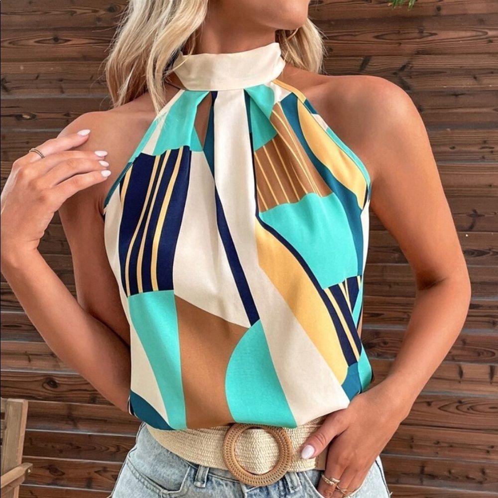 Boho Color Block Geo Abstract Print Halter Tank Top Blouse